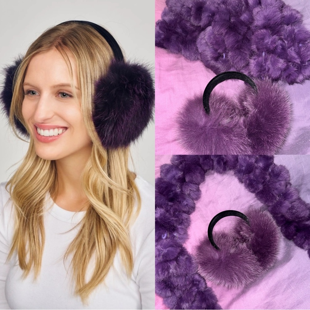Authentic Rabbit Fur Earmuffs Matching Set Pom Pom Scarf Neck Velvet Headband